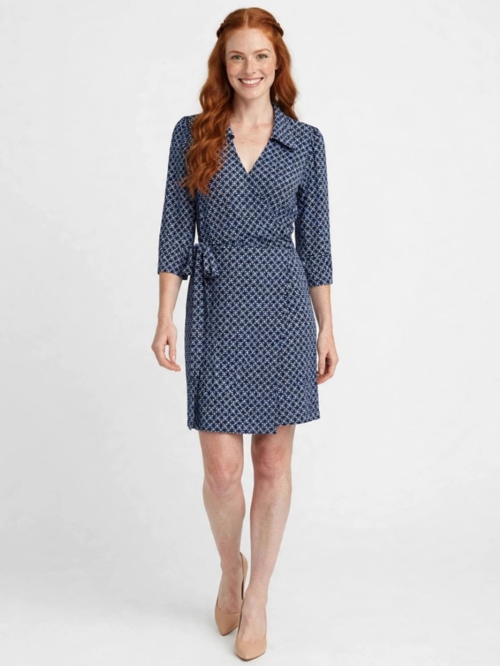 Laundry By Shelli Segal Navy and White Geometric Wrap Dress